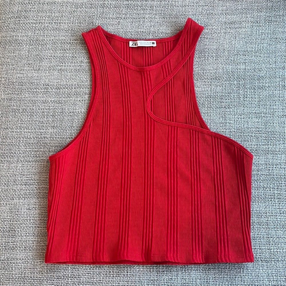 Zara Shirt Womens Large Cherry Red Asymmetrical Tank Top Crop Ribbed